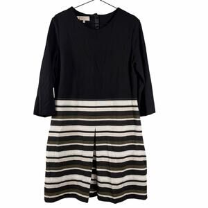 Hobbs London Black & Striped Skirt Pleated Mini Dress Long Sleeve Career Size 12